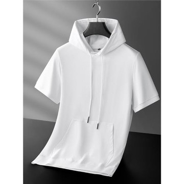 歐洲站純色版男士半袖衛衣2025夏季新款休閑運動連帽短袖T恤男裝
