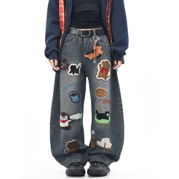 美式百搭闊腿休閒牛仔褲男春秋季刺繡設計感潮流寬鬆直筒褲男潮