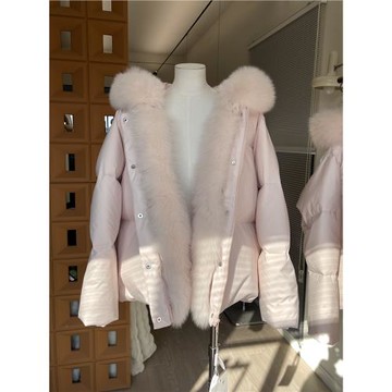 甜甜妹寶 神仙粉色大狐貍毛領羽絨服女連帽短款
