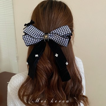 VIVILIAN千鳥格氣質蝴蝶結飄帶髮圈彈簧夾髮飾