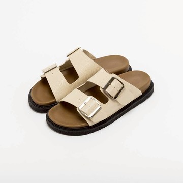 【Avivi】舒適雙帶釦涼拖鞋 - 黑色、米色