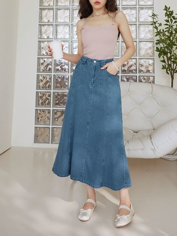 純棉傘狀車線魚尾牛仔長裙