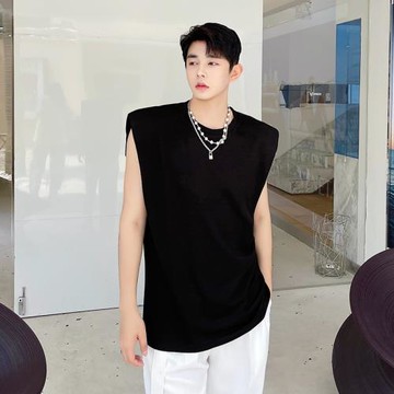 小眾墊肩設計感無袖T恤男夏季新款寬松背心上衣網紅ins潮流打底衫