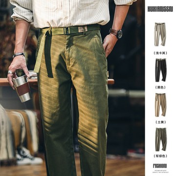 Wuluwear 純棉彈力休閒褲子男秋季2025新款寬鬆美式復古男款百搭錐形直筒褲