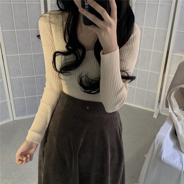 港味女裝純色坑條小方領打底針織衫百搭修身顯瘦毛衫上衣1入