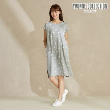 YVONNE 以旺傢飾 圓點印花剪接短袖洋裝-迷霧灰