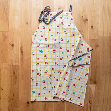 玫瑰與綠色美食花紋圍裙 復古風亞麻棉質