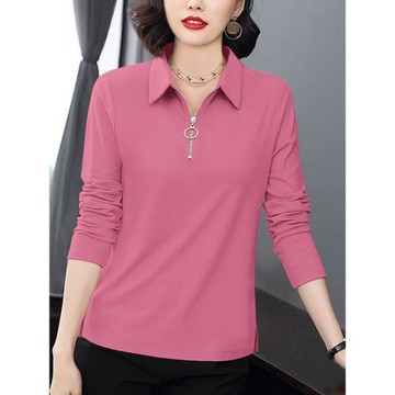 純棉長袖t恤女春秋新款polo衫女裝媽媽襯衫中年女士打底衫秋衣