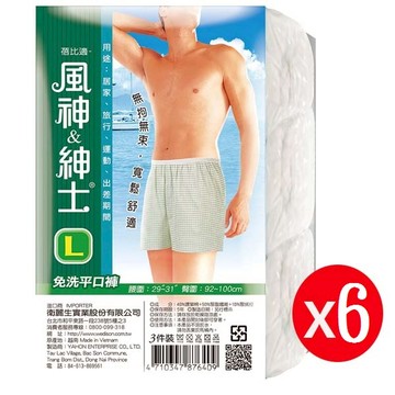 BeiBis蓓比適 風神紳士男性平口免洗褲3入 L*6包_廠商直送