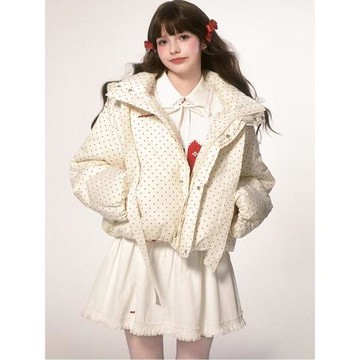 寬松短款連帽紅波點面包服女冬季新款小眾設計感雙色加厚棉服外套