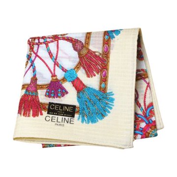CELINE 彩繪流蘇鍊條花卉圖騰字母LOGO帕領巾(米白系/48CM)