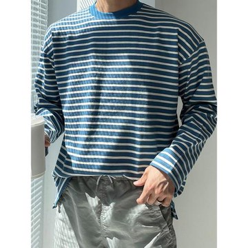 條紋t恤男潮牌休閑寬松韓版潮流圓領長袖打底衫純棉內搭百搭上衣
