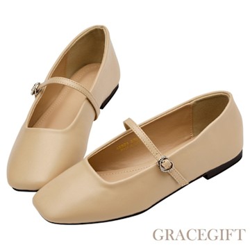 【Grace Gift】韓系小愛心復古平底瑪莉珍鞋 深杏