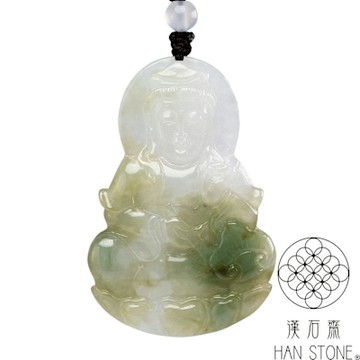 【漢石齋】天然翡翠A貨 觀音玉佩吊墜 冰糯種飄花帶黃翡(36*54*5mm)