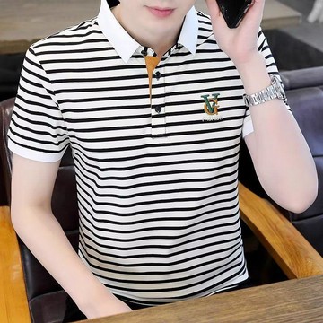 基礎簡約~夏季新款男士Polo衫短袖潮牌百搭休閒條紋翻領半袖T恤男士高檔t恤 男生上衣 短袖T恤 夏季上衣 翻領短袖