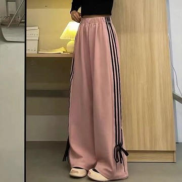 簡約休閒褲女  粉色蝴蝶結  春夏ins潮韓版  寬鬆百搭係帶  高腰闊腿 0MHG