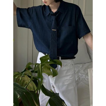 [送領帶]復古短袖襯衫男士夏季寬松休閑牛仔襯衣韓系通勤風DK制服