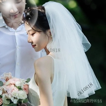 ✨可開發票#領證小頭紗新款求婚道具森係素紗頭飾短款雙層旅拍韓式蓬蓬髮飾紗#免運費