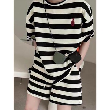 睡衣女夏季純棉薄款條紋ins風短袖短褲兩件套裝可外穿休閑家居服