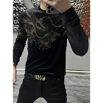 冬季新款男士潮流時尚金絲絨長袖燙鉆打底衫休閑氣質龍形燙金T恤
