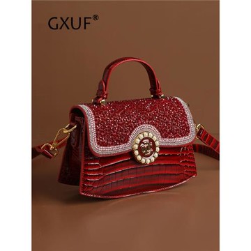 (免運)GXUF鱷魚紋包包女2026春季新款單肩斜挎手提包時尚新娘包紅色婚包