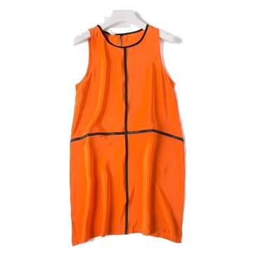 2025新款舒適桔色十字拼皮 新款桑蠶絲真絲連衣裙長裙無袖背心裙