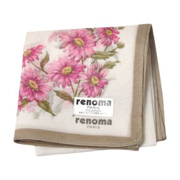 renoma PARIS 日本製100%粉紫雛菊滾邊圖騰字母LOGO帕巾(白底灰邊/43CM)