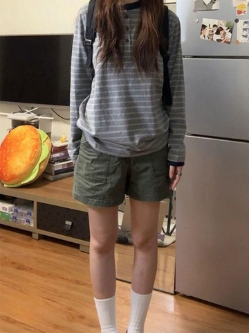 韓國復古軍綠色休閒牛仔短褲女 春夏新款高腰顯瘦百搭寬褲YC028