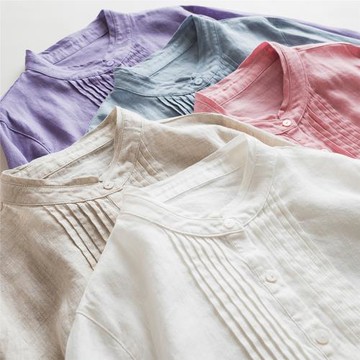 (免運)純亞麻基礎版型立領長袖襯衫 前中壓褶四季通勤 文藝百搭白襯衣女