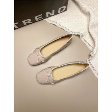 2025新款法式方頭淺口蝴蝶結單鞋女平底裸粉色百搭大碼女鞋41到43