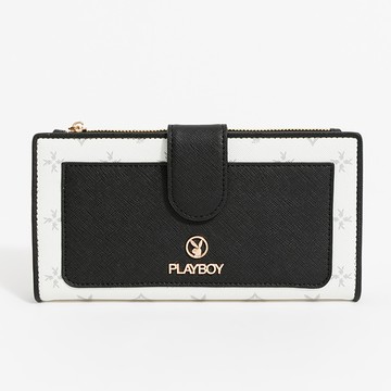 PLAYBOY - 翻蓋長夾  黑白TWO系列 - 米白色