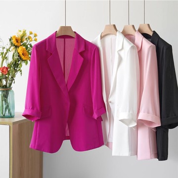 雪紡小西裝外套 女 薄款休閒西裝 女 白色高級感西服上衣 防曬衣西裝 七分袖薄款西裝上衣 女 夏季外套西裝上衣 西裝薄款