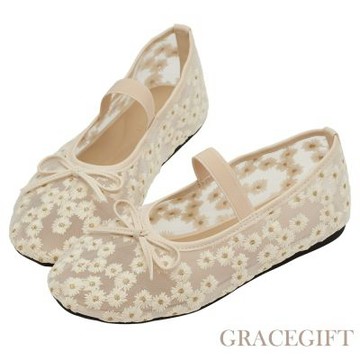 【Grace Gift】春日花園蝴蝶結網紗平底瑪莉珍鞋 杏