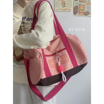 撞色小眾斜挎健身包日系ins大容量學生手提包復古少女單肩帆布包