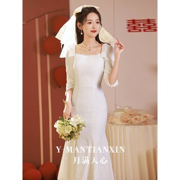 法式小白裙高級感訂婚禮服輕奢魚尾連衣裙領證小眾輕婚紗平時可穿