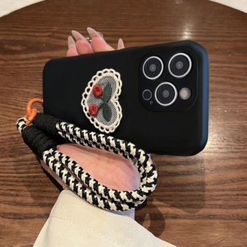 黑色蕾絲愛心櫻桃掛繩適用三星S24ultra手機殼S22ULTRA防摔S20fe保護套s21plus/s10 4/5G軟殼note10磨砂s23