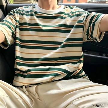 ✨限時優惠⚡ 男士短袖 條紋短袖T恤 男生 圓領 運動 休閒 寬鬆 百搭 夏季 顯瘦 抗皺 多彩 衣服 上衣 t恤