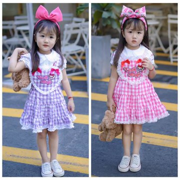 Em earthmagic 日系卡通甜美女童裝格子純棉愛心蝴蝶結小熊背帶裙