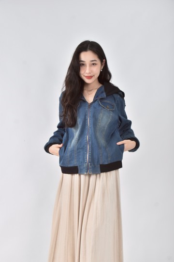 (L) tonger秋冬丹寧牛仔棉質連帽拉鍊藍色外套