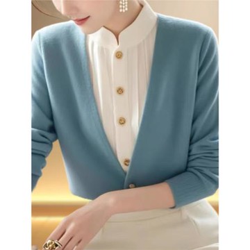 2025秋冬新款羊毛假兩件開衫外套女長袖短款毛衣針織衫羊絨衫上衣