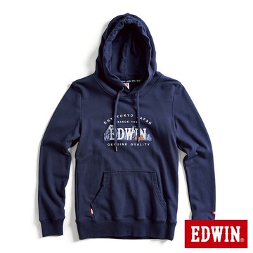 EDWIN 女款 露營系列 富士山刺繡LOGO連帽長袖T恤(丈青色)