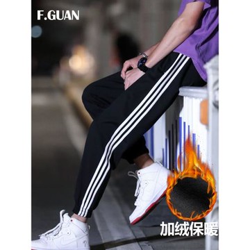 冬季運動褲男加絨加厚寬松休閑三條杠束腳褲學生校服褲保暖衛褲潮