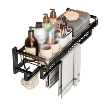 壁掛收納 高級廚衛置物架 47CM 附5個掛勾 可拆卸單桿  黑色  1個