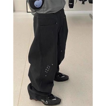 KIKO KOSTADINOV中高腰條紋西褲免燙寬松直筒休閑黑色鉚釘長褲男