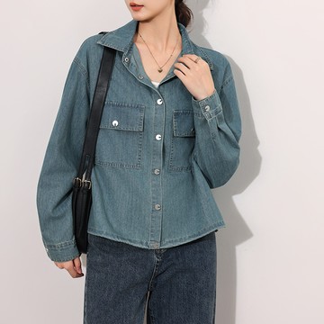 實拍#高級質感復古牛仔襯衫女寬鬆休閒韓版長袖下襬抽繩短版上衣
