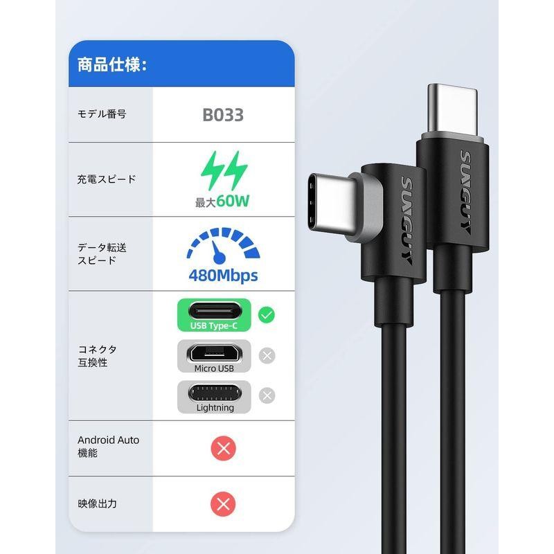 SUNGUY USB Type C ケーブル 0.3M 2本組 L字 PD対応 60W 急速充電 USB