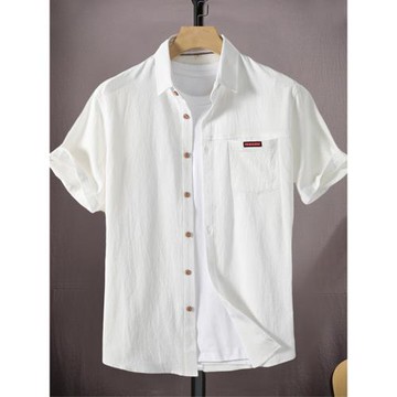 白色棉麻短袖襯衫男夏季新款男士純棉半袖襯衣男生休閑純色上衣服