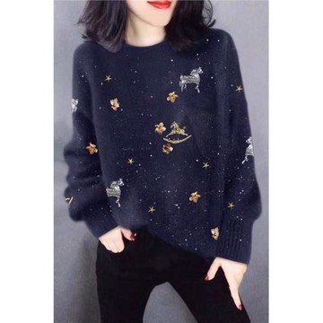 歐貨高檔2025新款設計感小眾時尚氣質卡通印花套頭針織衫羊絨毛衣