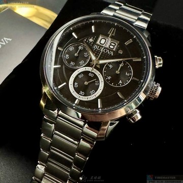 [星晴錶業]BULOVA手錶,44mm,BU00006黑色錶面銀錶殼銀色精鋼錶帶款