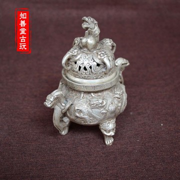 古玩銅器收藏仿古純銅白銅黃銅鍍銀二龍戲珠銅香爐風水家居擺件
